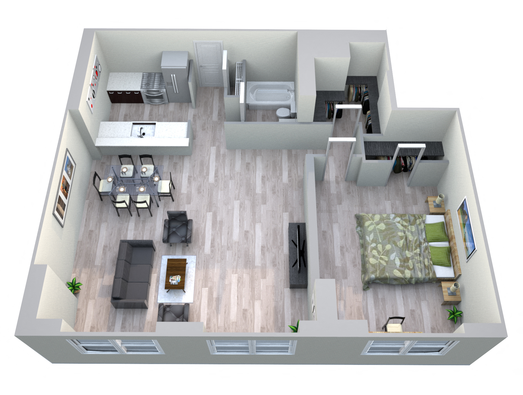 Floor plan for 1 bed, 1 bath, 848 sqft
